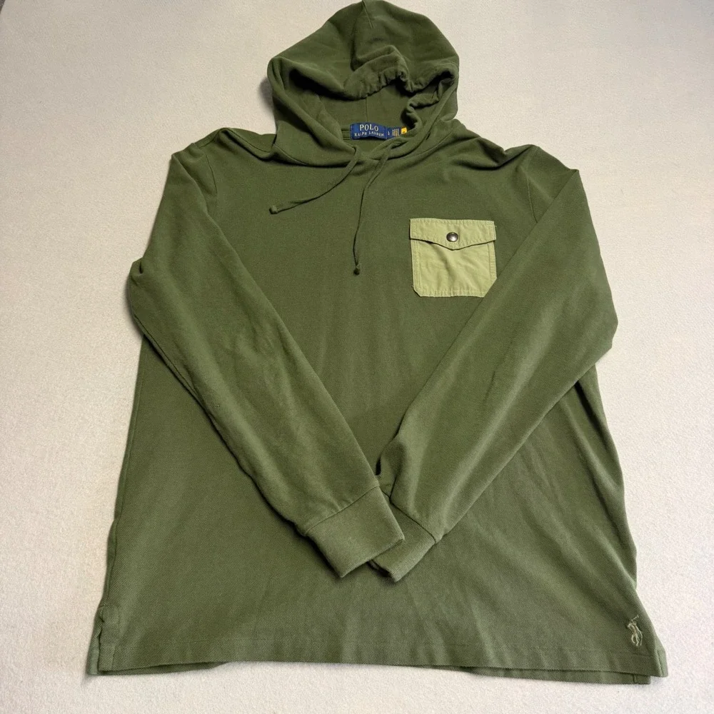 Polo Ralph Lauren Mens Olive Green Pique Hoodie Contrast Pocket Long Sleeve LG